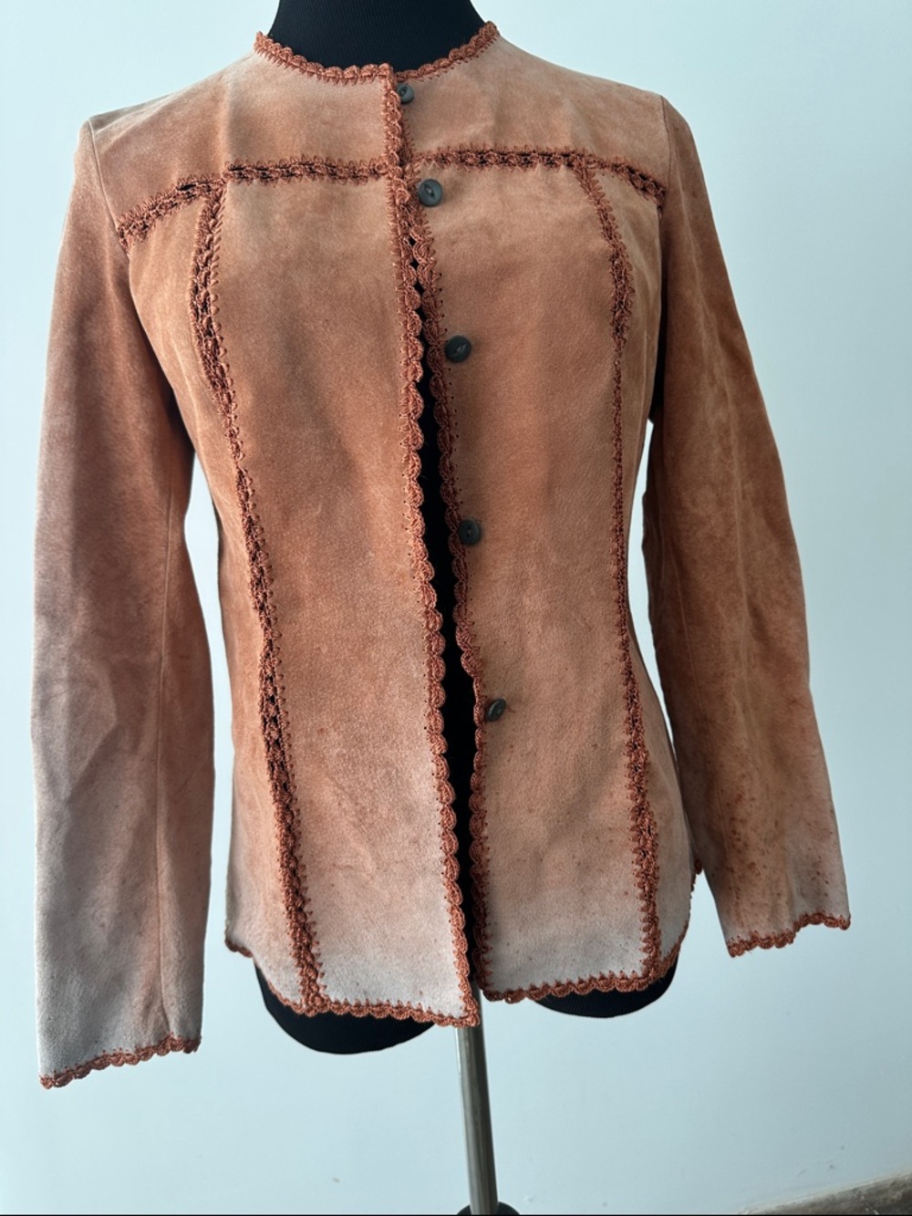 Sigrid Olsen suede and crochet button jacket in faded pumpkin XS